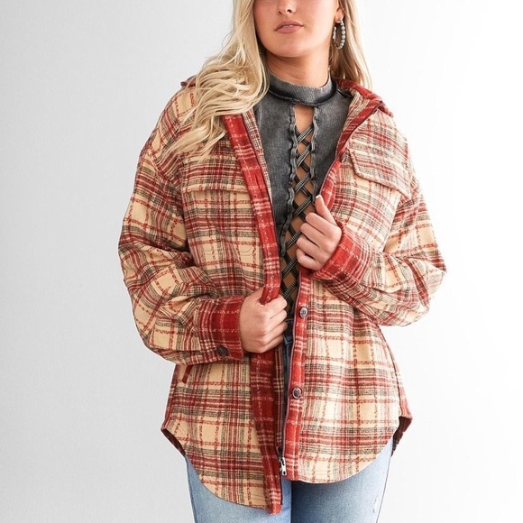 Gilded Intent Jackets & Blazers - Gilded Intent Red and Cream Mixed Flannel Hooded Shacket